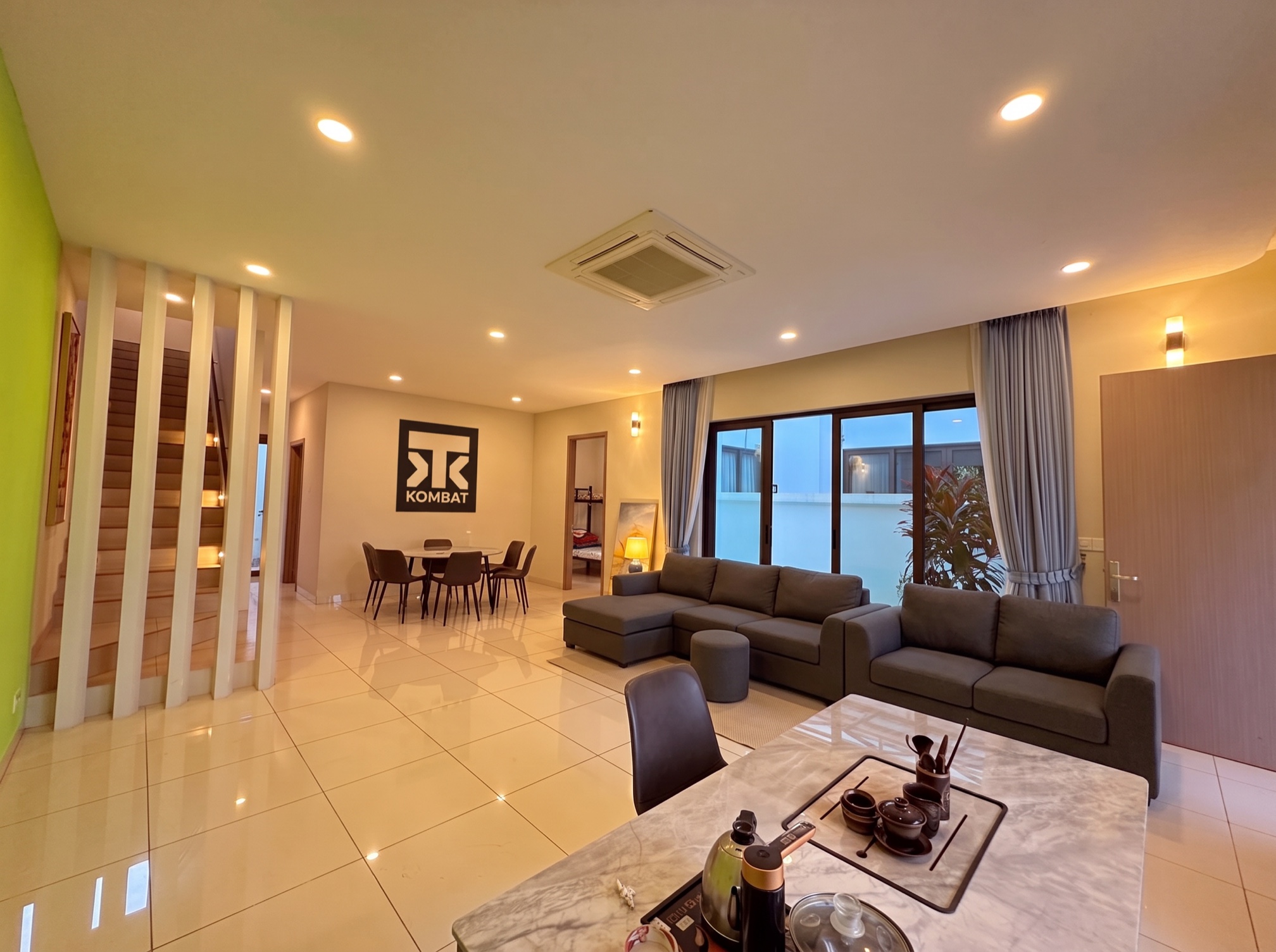 The living area, lamps on